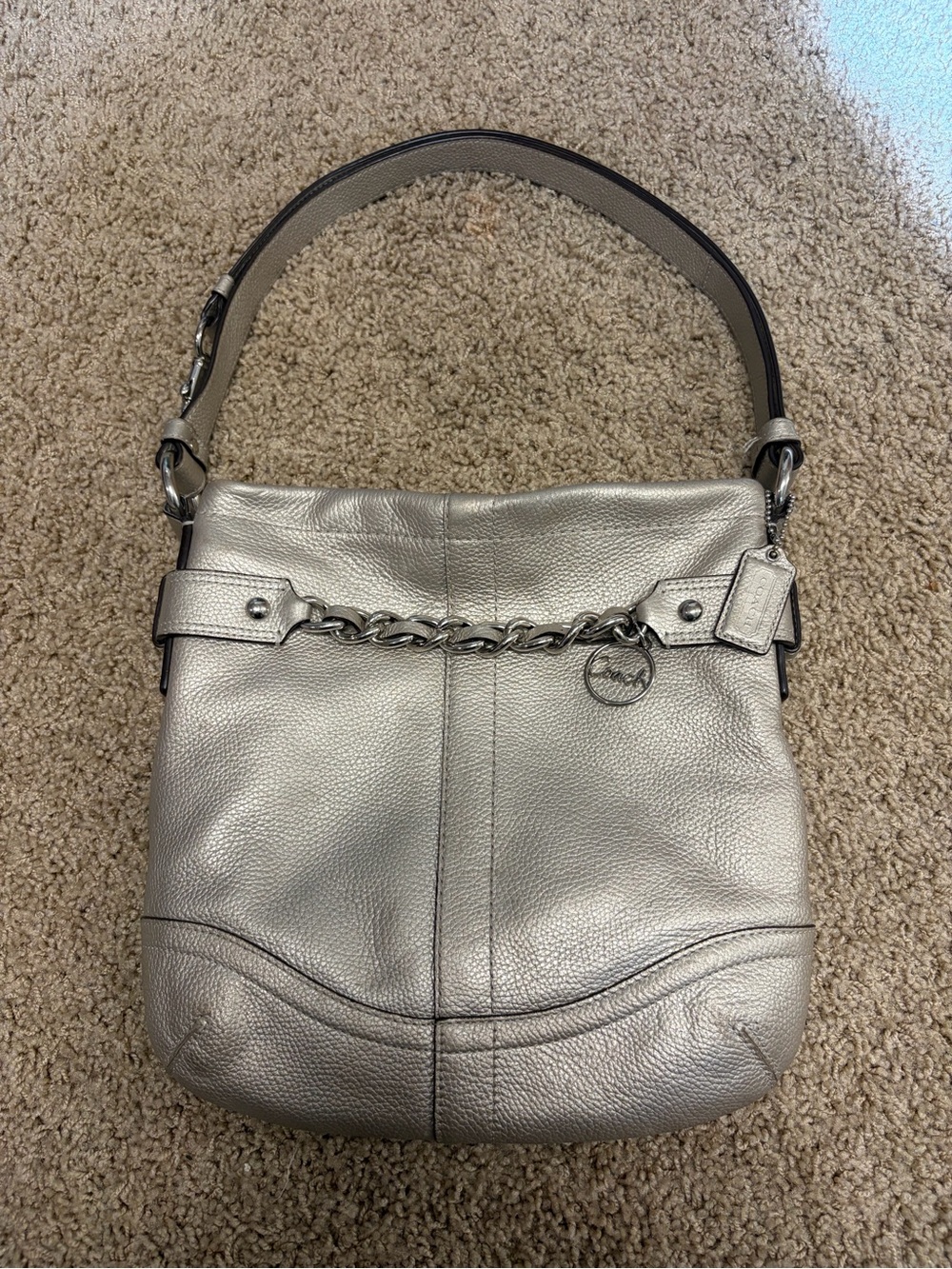 Coach Metallic Silver Pebbled Leather Shoulder Bag with Chain Detail